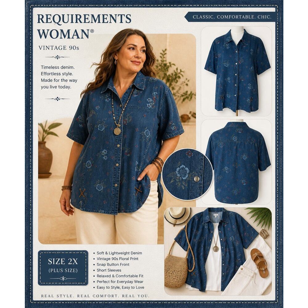 VTG Requirements Womans 2X Floral Denim Shirt Linen Blend Snap Front Cottagecore